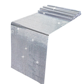Snowkingdom disco table runner 13x108 inches with glitter mirrors brightening a silver table setup