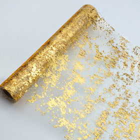Snowkingdom glitter gold table runner adds shimmering elegance to wedding reception tables.