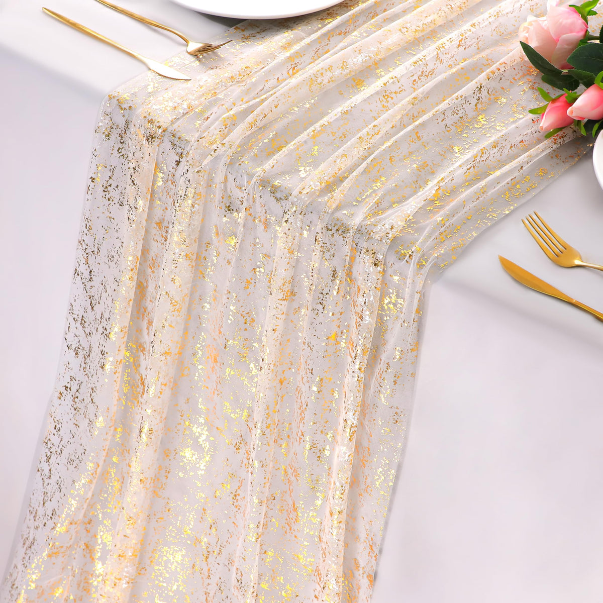 Snowkingdom gold table runner with foil edge adds wedding table sparkle