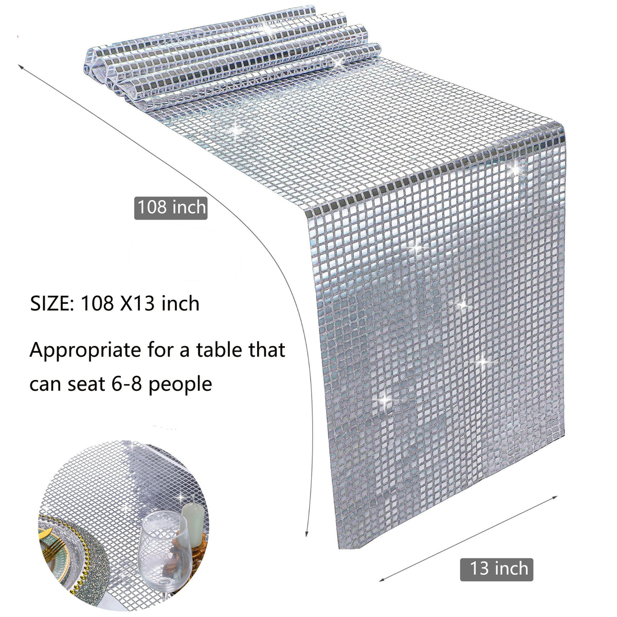 Snowkingdom silver sequin mirror runner adding luxury glow to a disco setup