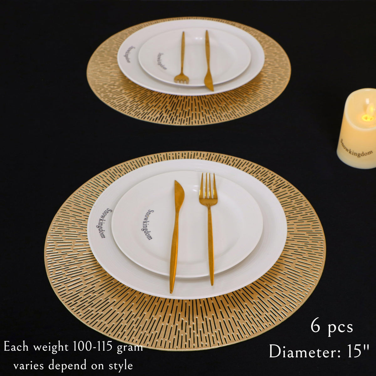 Snowkingdom wedding table decor placemats in gold, ideal for elegant receptions.