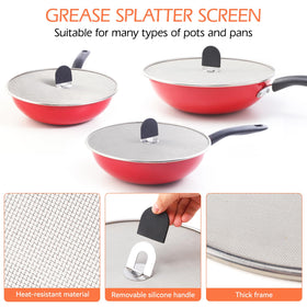 Snowyee splatter guard on frying pan reduces splatters.