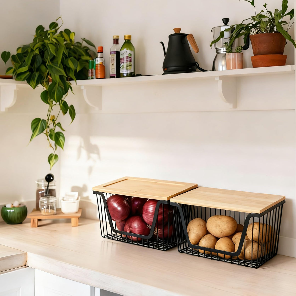 Snpwne stackable pantry baskets maximize vertical storage.