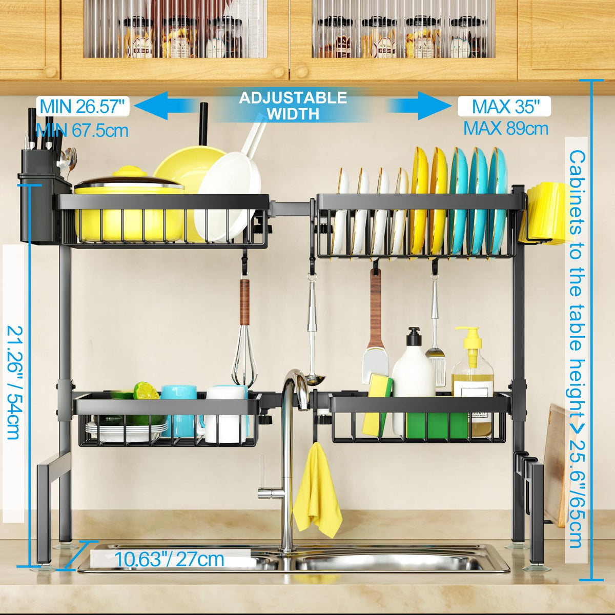 SNSLXH adjustable sink rack extends from 26.57 to 35 inches for flexible setups.