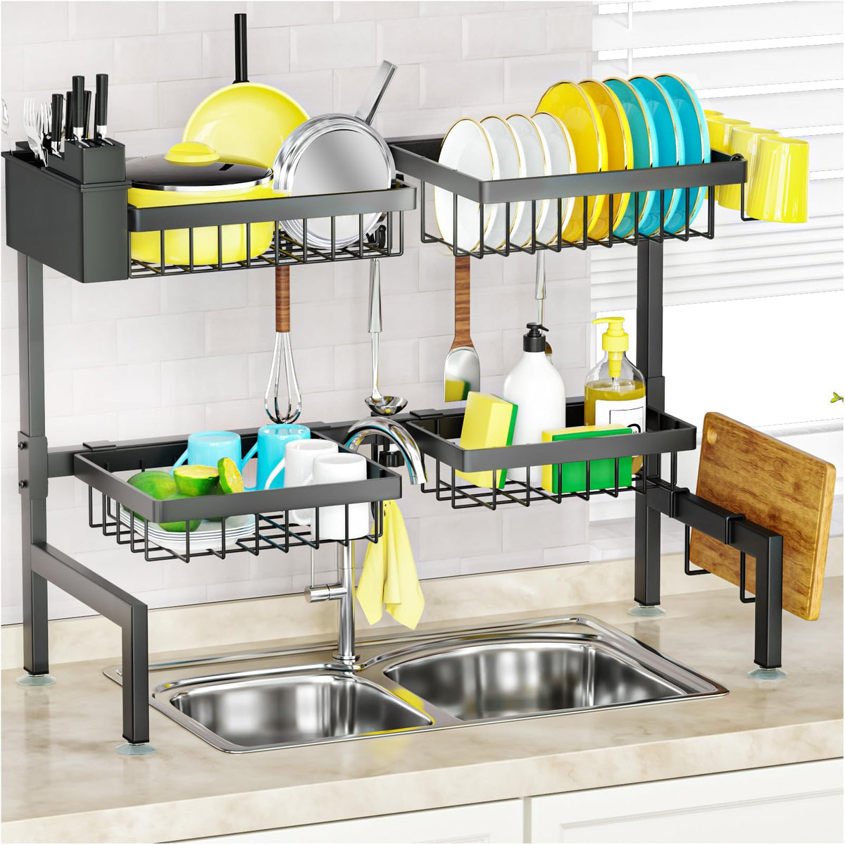 SNSLXH over-sink drying rack with four baskets keeps countertops clutter-free.