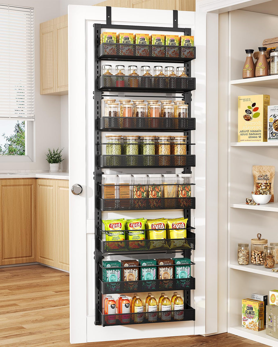 SNTD 8-tier door organizer with dense mesh baskets secures bottles upright.
