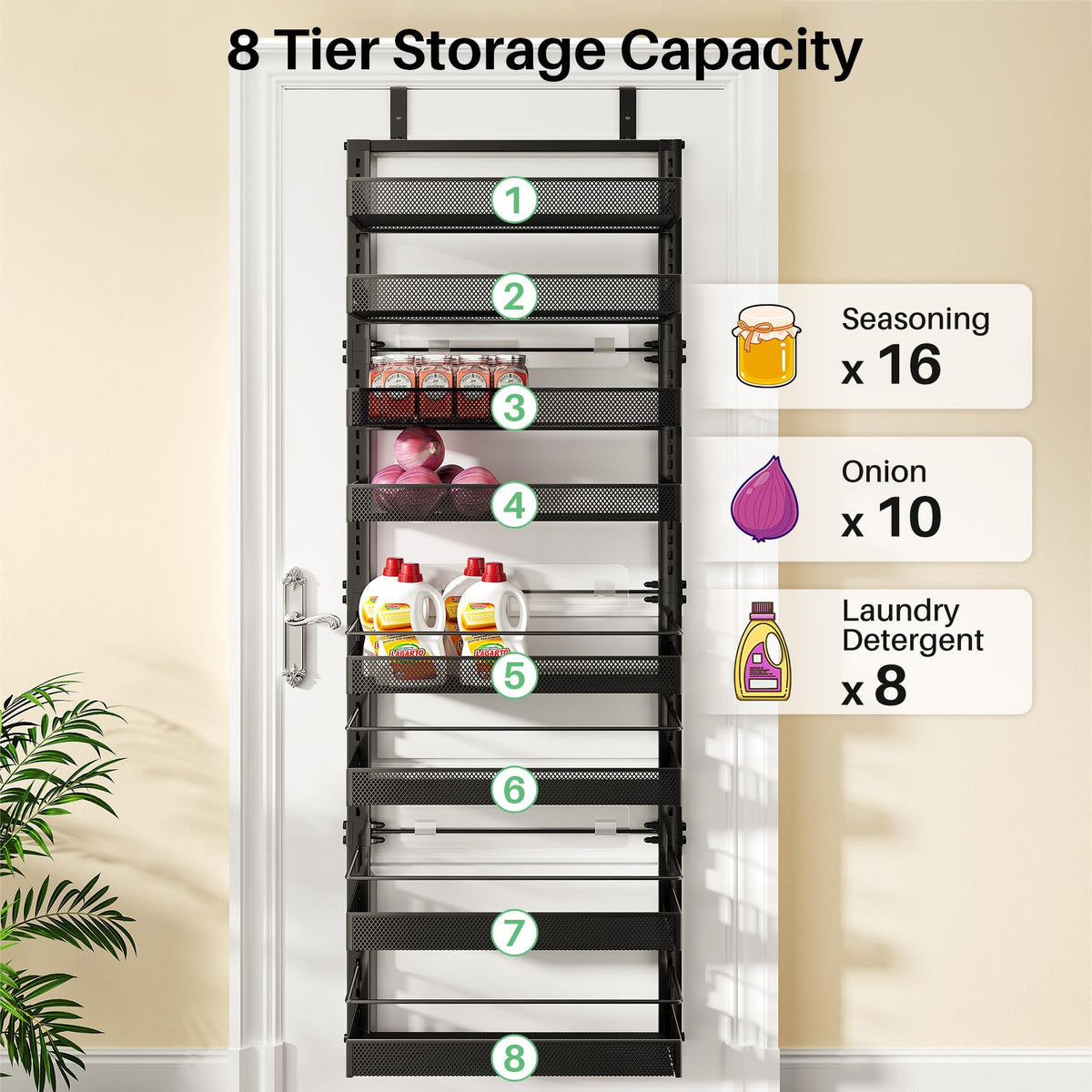 SNTD kitchen storage organizer frees counter space with vertical shelf storage.
