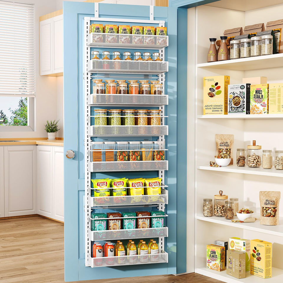 SNTD 8-tier over-the-door organizer with dense mesh baskets keeps bottles upright.