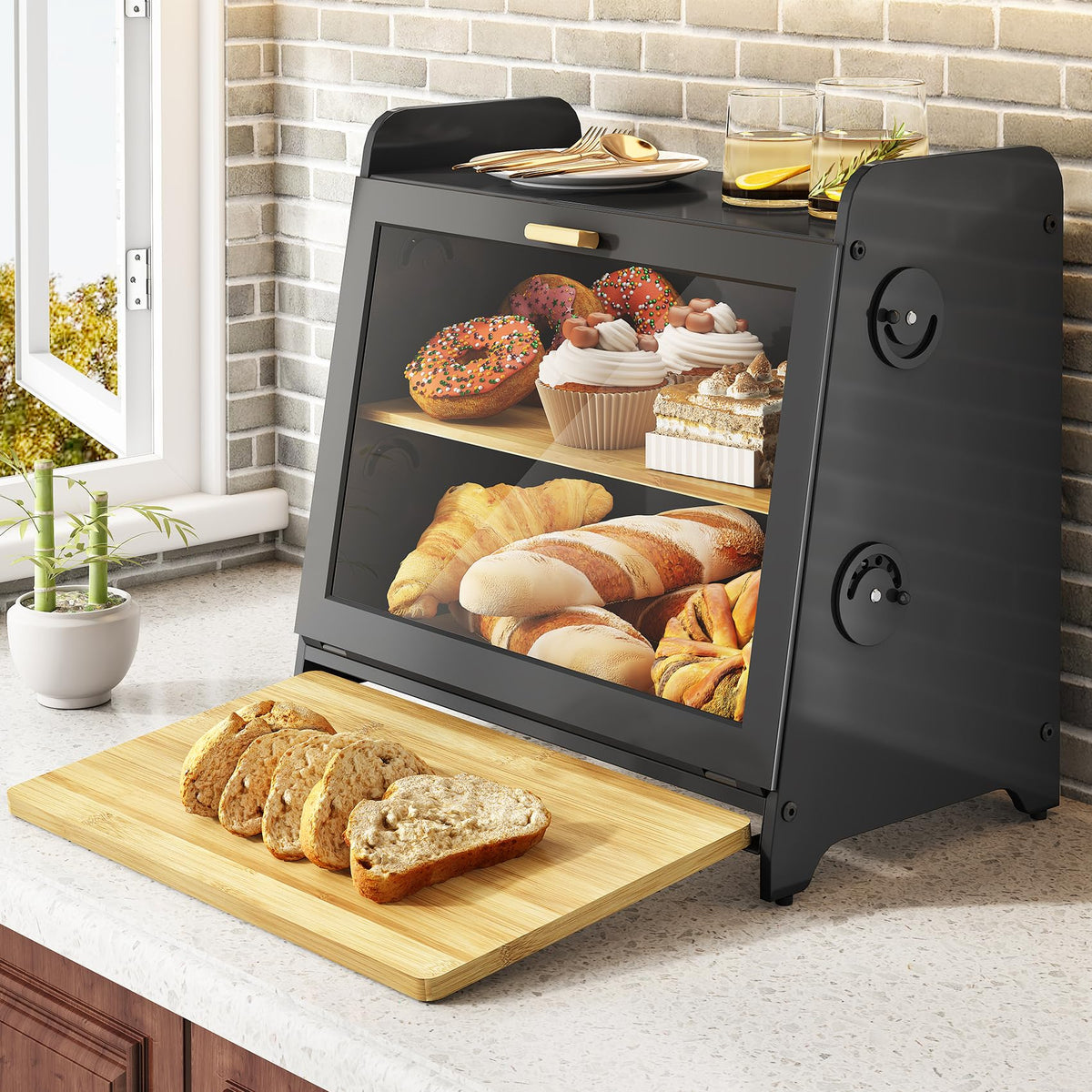 SNTD bread box front view with window helps monitor freshness at a glance.