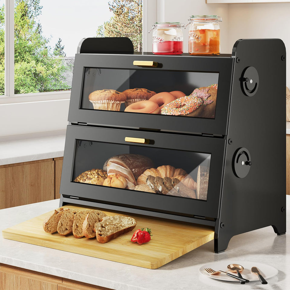 SNTD bread box two-tier storage on countertop keeps loaves organized