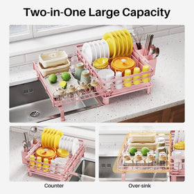 SNTD dish drying rack with angled drip tray directs water into the sink.