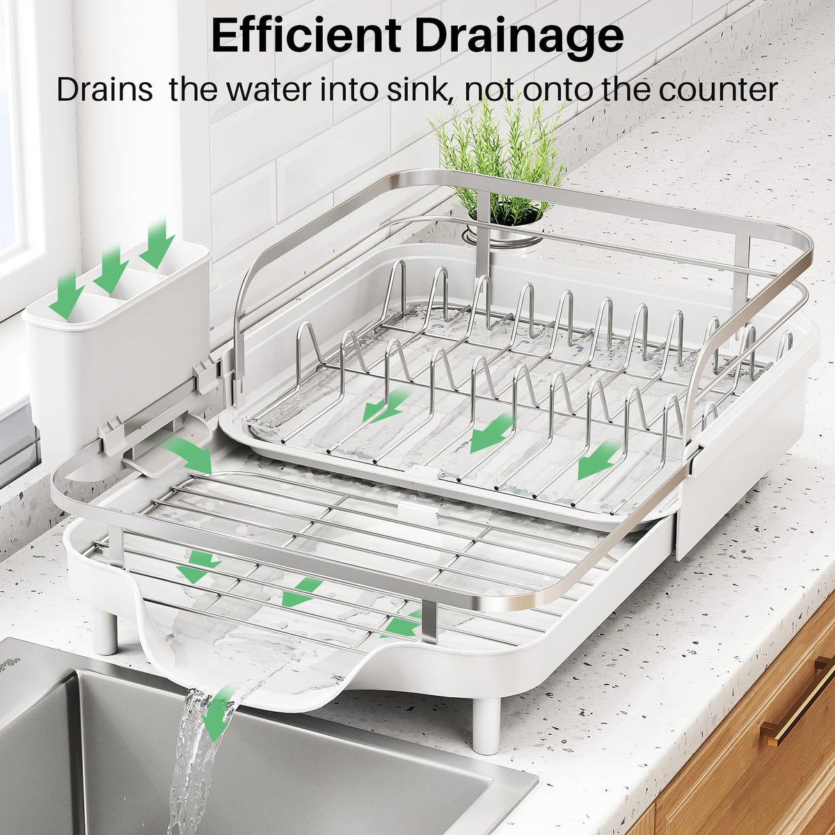 SNTD angled drip tray directs water to the sink for a dry countertop.