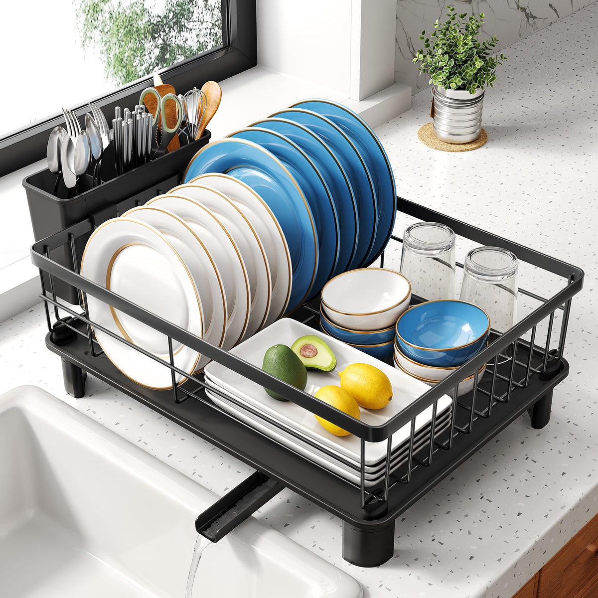 SNTD dish drying rack compact design saves counter space and organizes dishes.