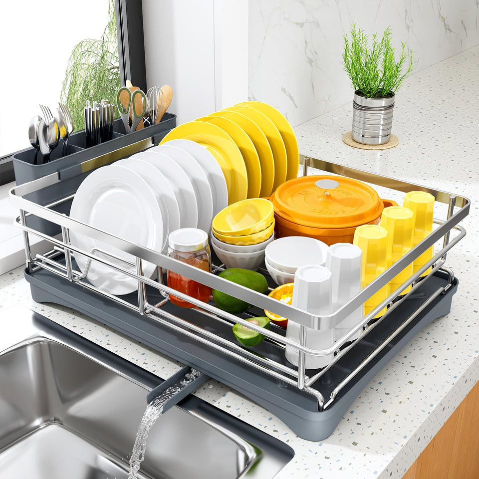 SNTD dish drying rack on kitchen counter with drain spout showing efficient drying