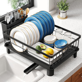 SNTD dish drying rack on countertop showing compact design saves space.