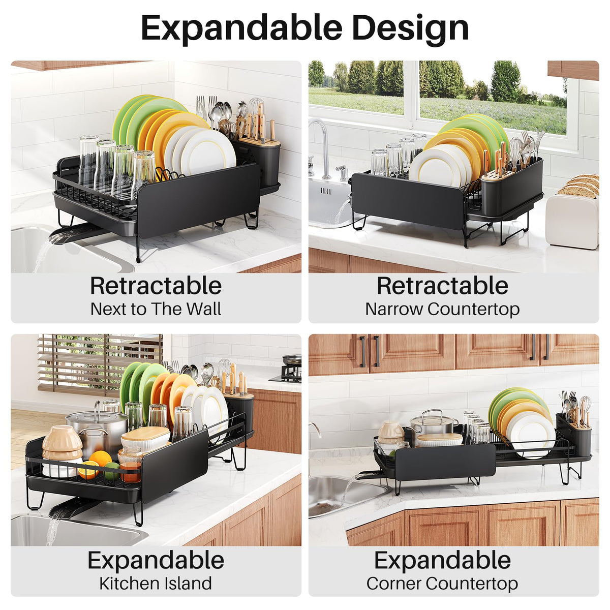 SNTD dish rack with angled drainboard directs water away from surfaces for quick drying.