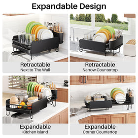 SNTD dish rack with angled drainboard directs water away from surfaces for quick drying.