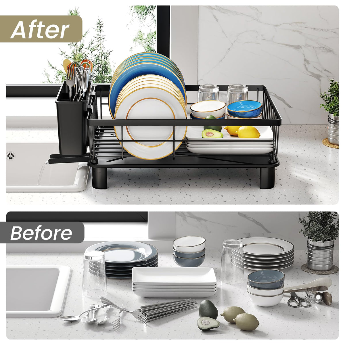SNTD dish drying rack removable utensil holder keeps flatware organized.