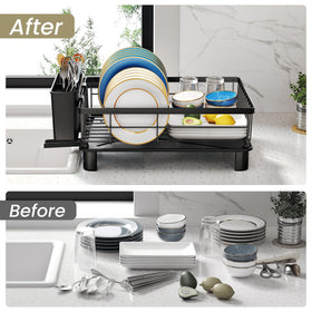 SNTD dish drying rack removable utensil holder keeps flatware organized.
