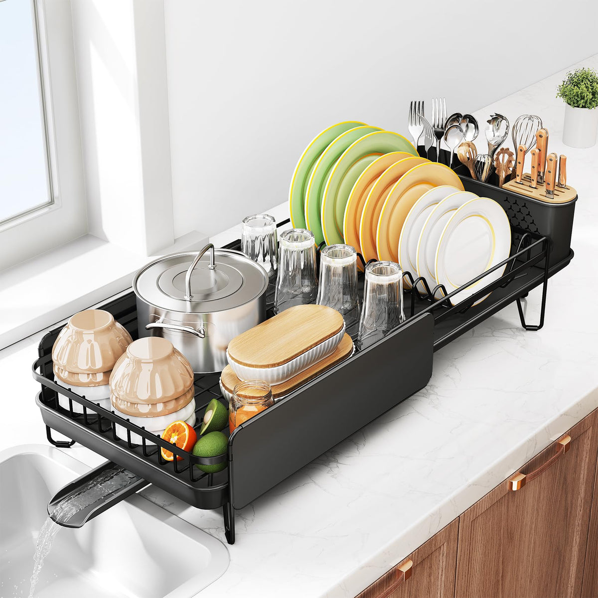 SNTD dish drying rack with extendable design fits your counter and dries dishes efficiently.