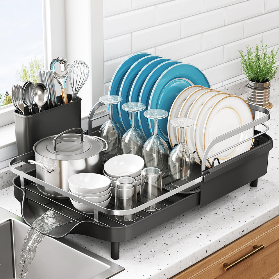 SNTD dish drying rack extended for larger loads on busy countertops.