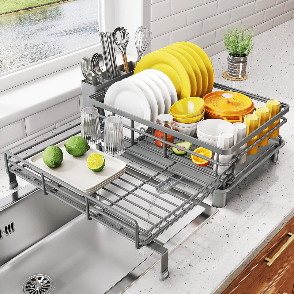 SNTD dish drying rack extendable over sink for clutter-free counters and efficient drying