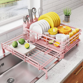 SNTD dish drying rack extendable over sink saves counter space.