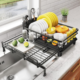 SNTD extendable over the sink dish drying rack keeps counters tidy for quick drying