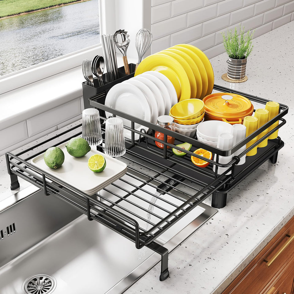 SNTD extendable over the sink dish drying rack keeps counters tidy for quick drying
