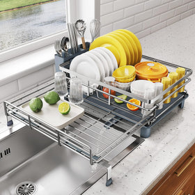 SNTD extendable over-sink rack enhances kitchen organization and drainage.