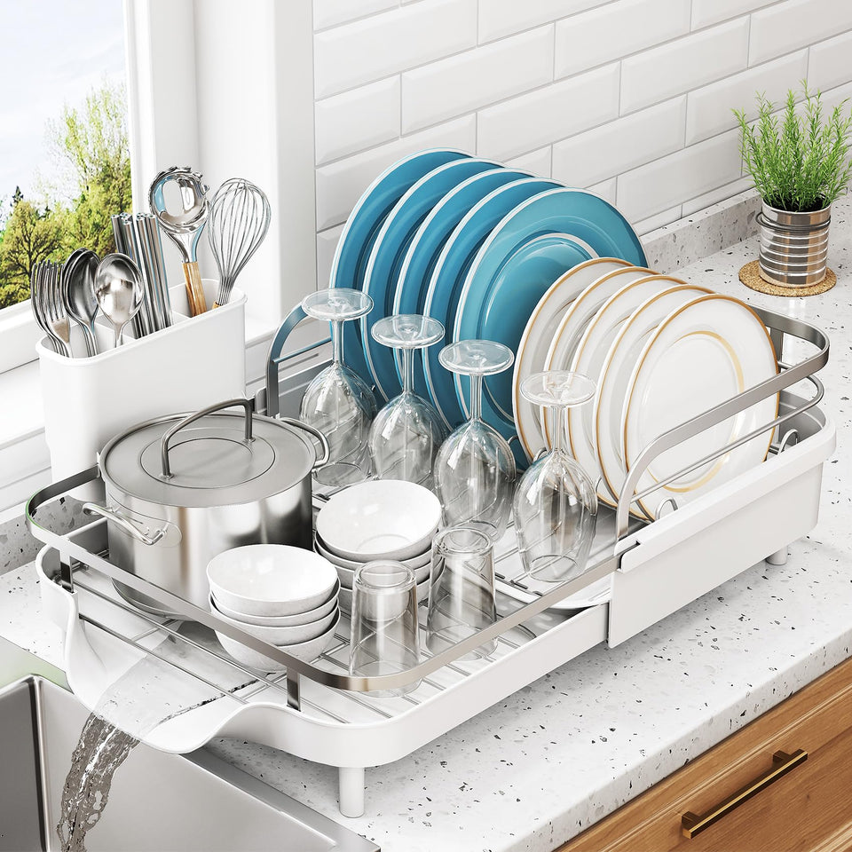 SNTD extendable dish drying rack with extended width, ideal for flexible counter storage.