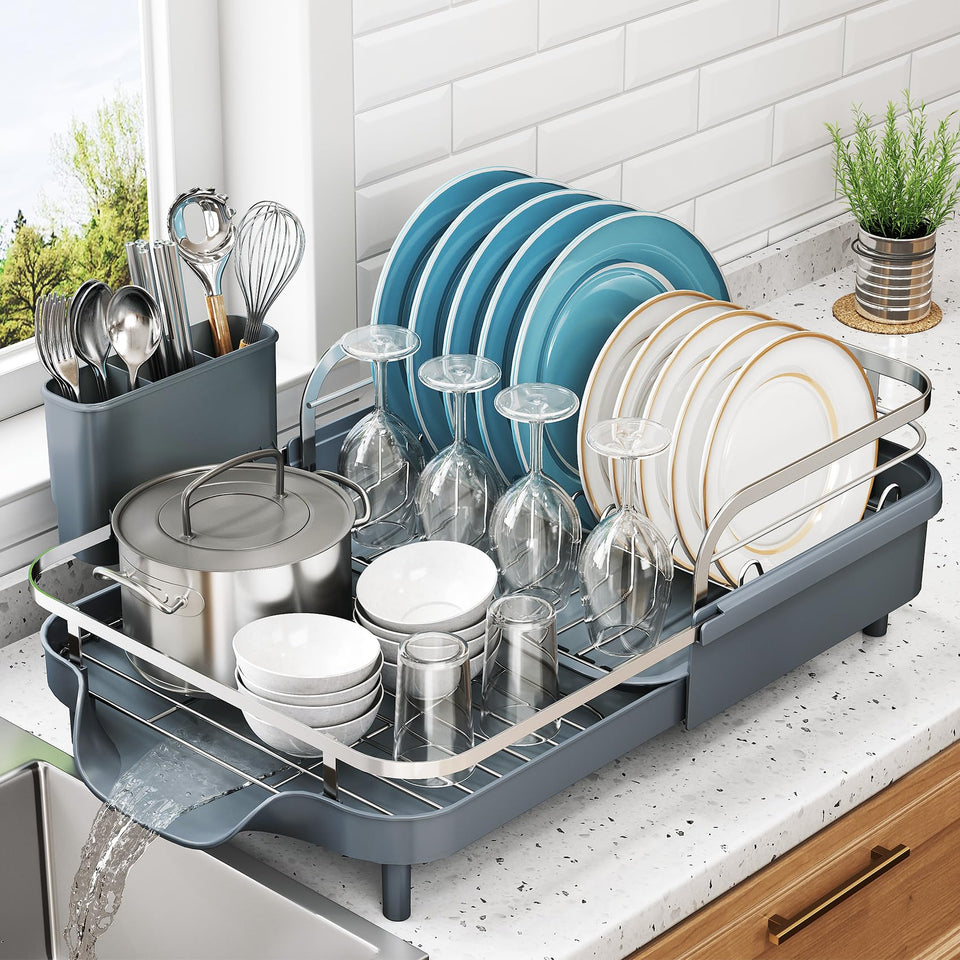 SNTD dish drying rack extended width showing adjustable capacity for more dishes