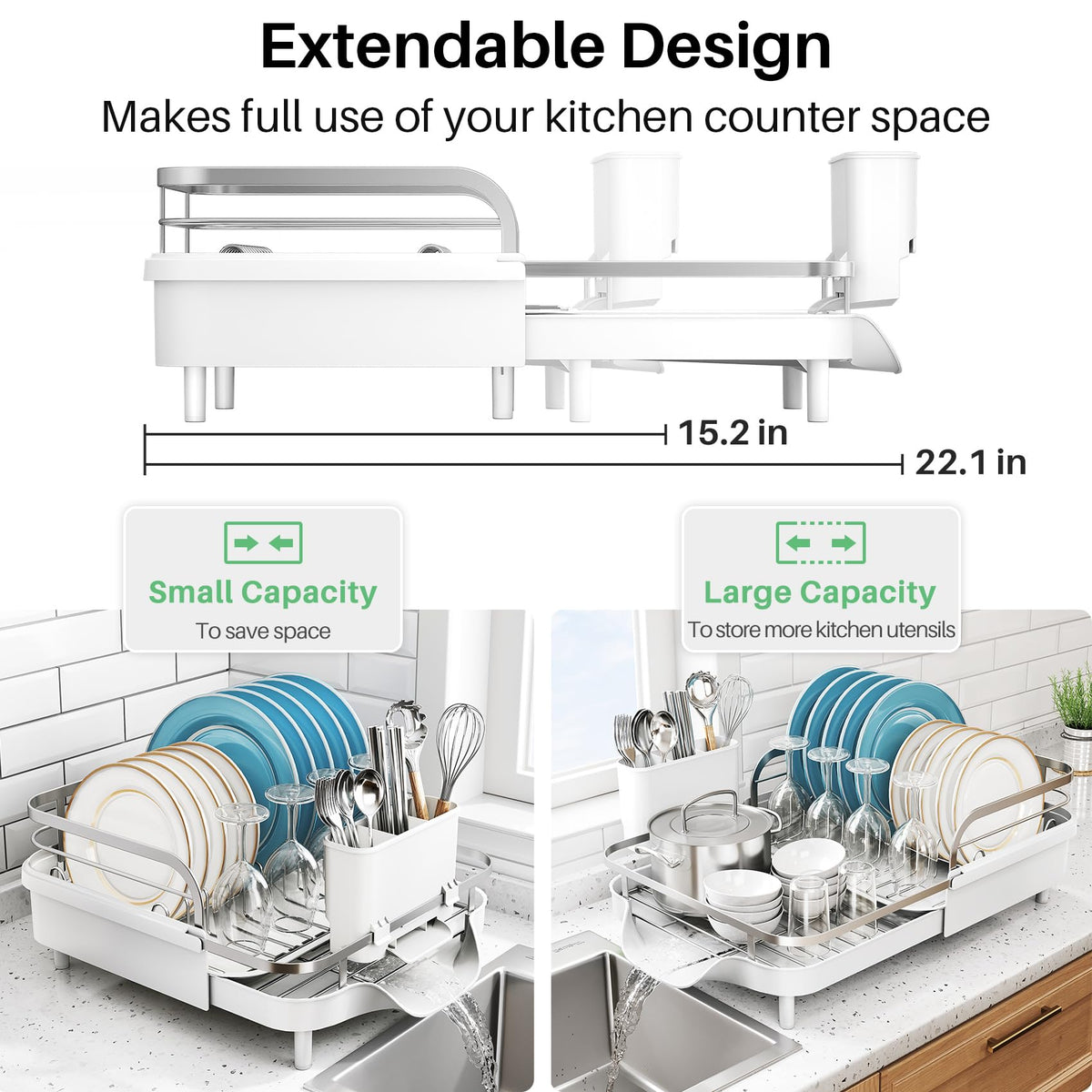 SNTD dish drying rack at 22.1-inch width enhances capacity for larger loads.