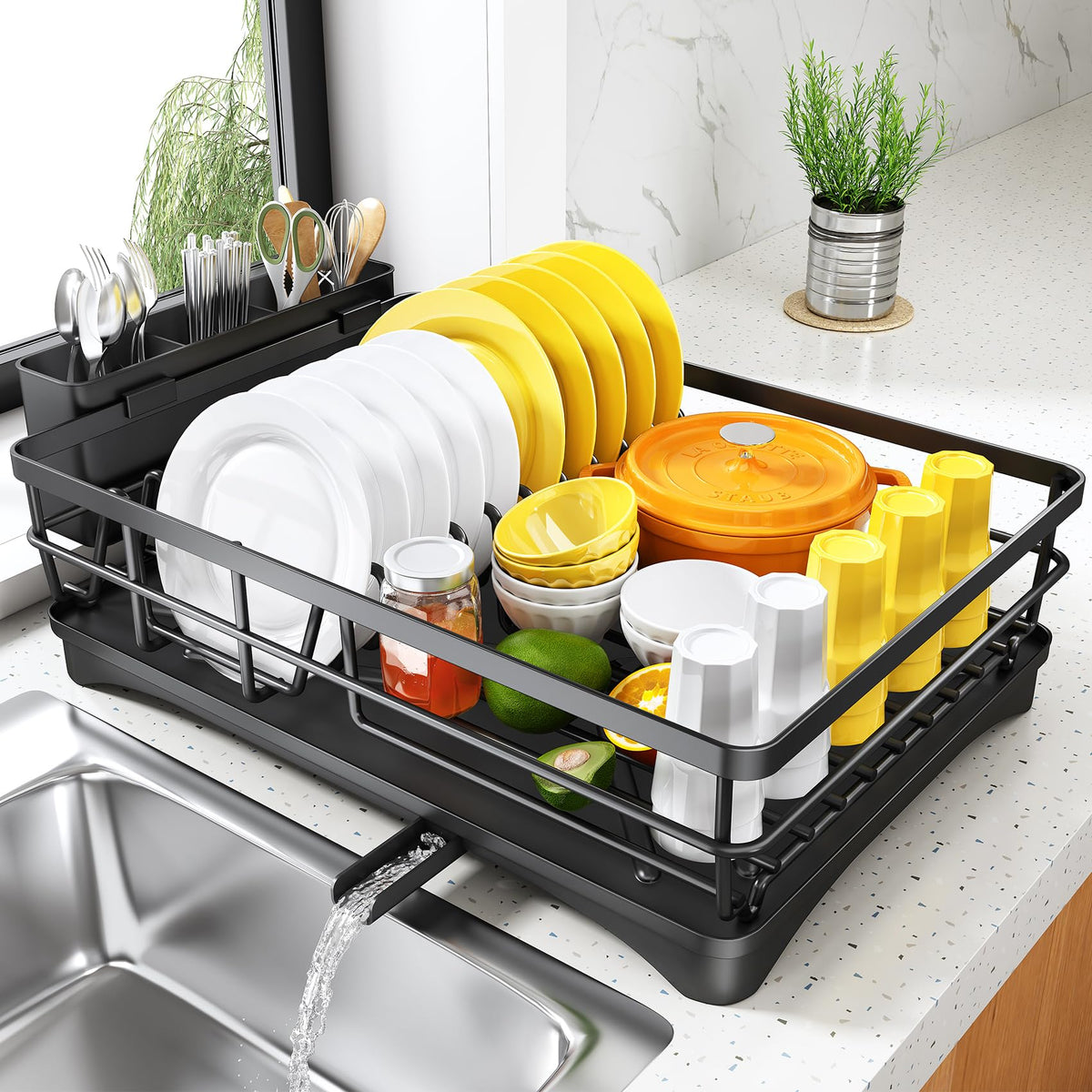 SNTD dish drying rack demonstrates large capacity for plates and bowls, saving counter space