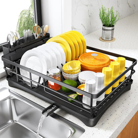SNTD dish drying rack demonstrates large capacity for plates and bowls, saving counter space