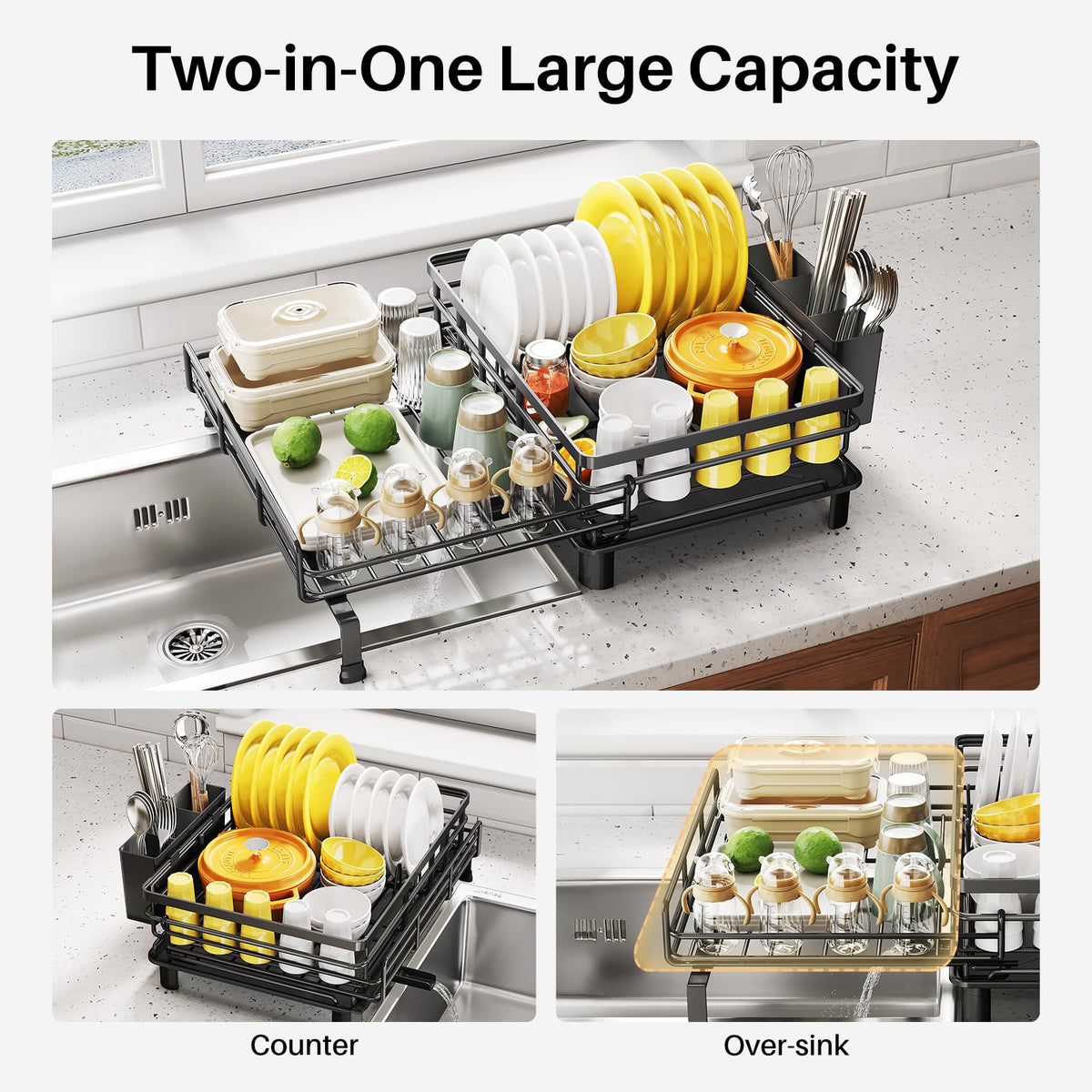 SNTD large capacity dish drying rack holds plates, bowls, and cups efficiently