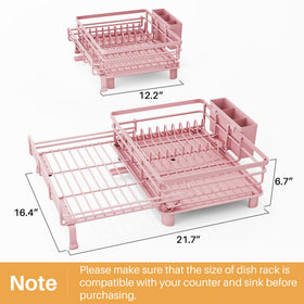 SNTD dish drying rack over-sink extension shows large capacity for plates and bowls.