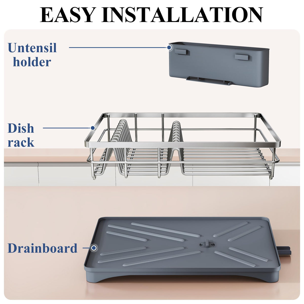 SNTD silver-finish dish drying rack in a modern kitchen
