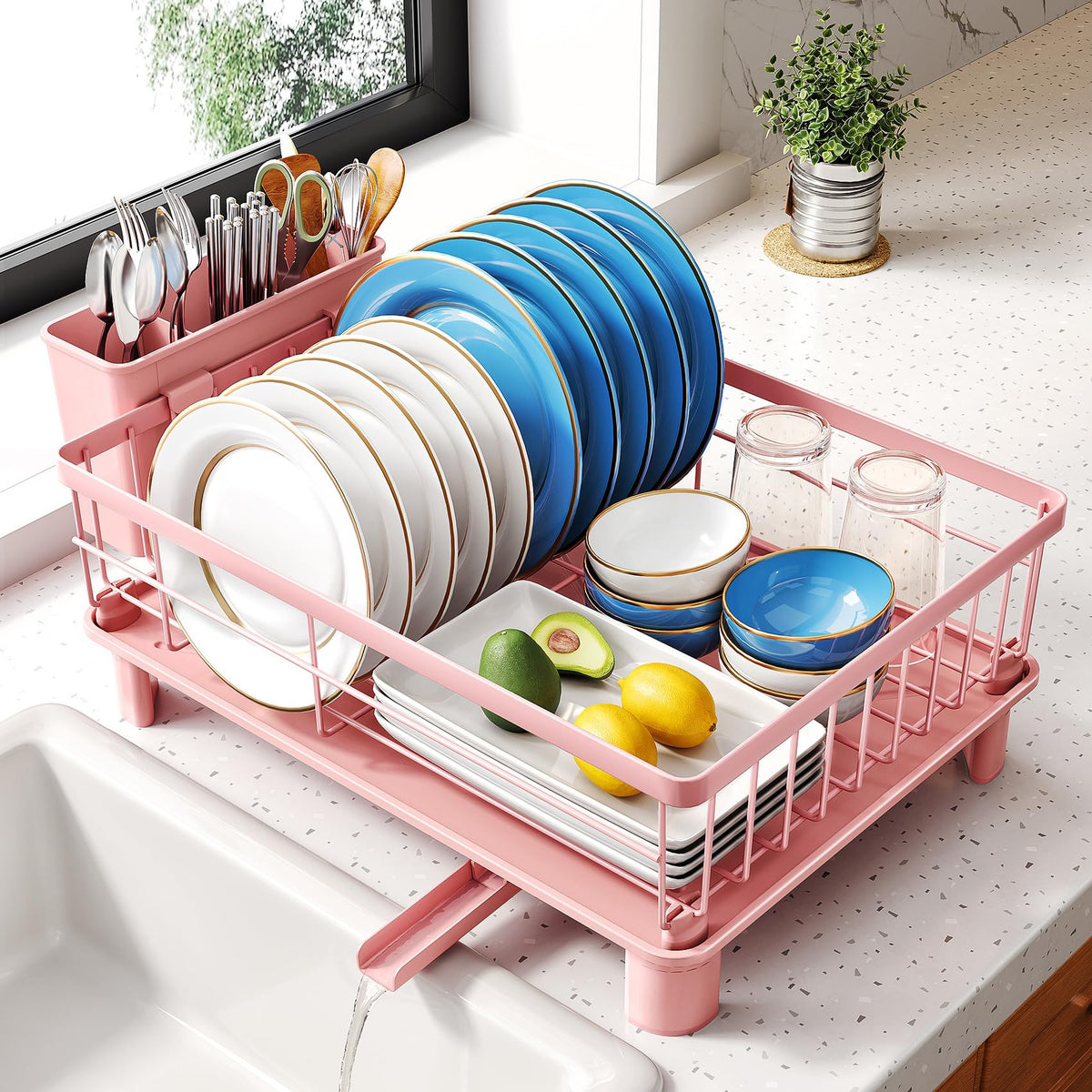 SNTD pink dish drying rack on counter saves space and organizes plates.