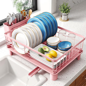 SNTD dish drying rack demonstrates compact small-plate organization on a kitchen counter.