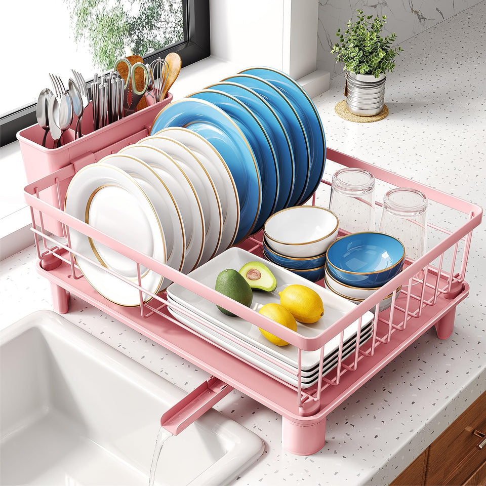 SNTD dish drying rack demonstrates compact small-plate organization on a kitchen counter.