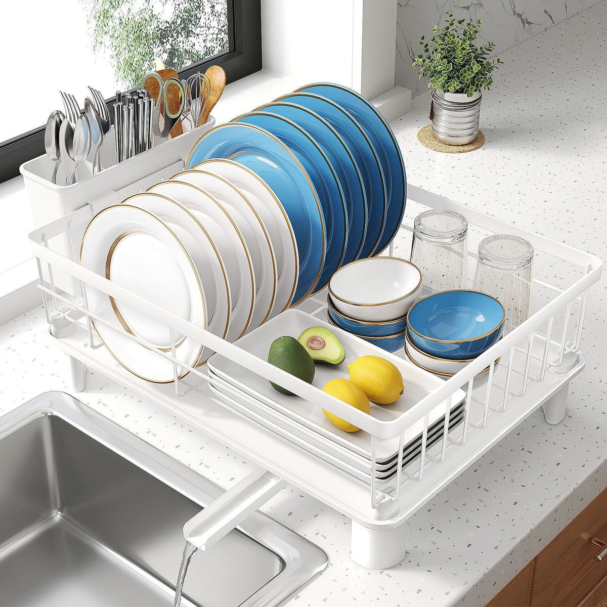 SNTD dish drying rack small on kitchen counter showing compact organization and drainage