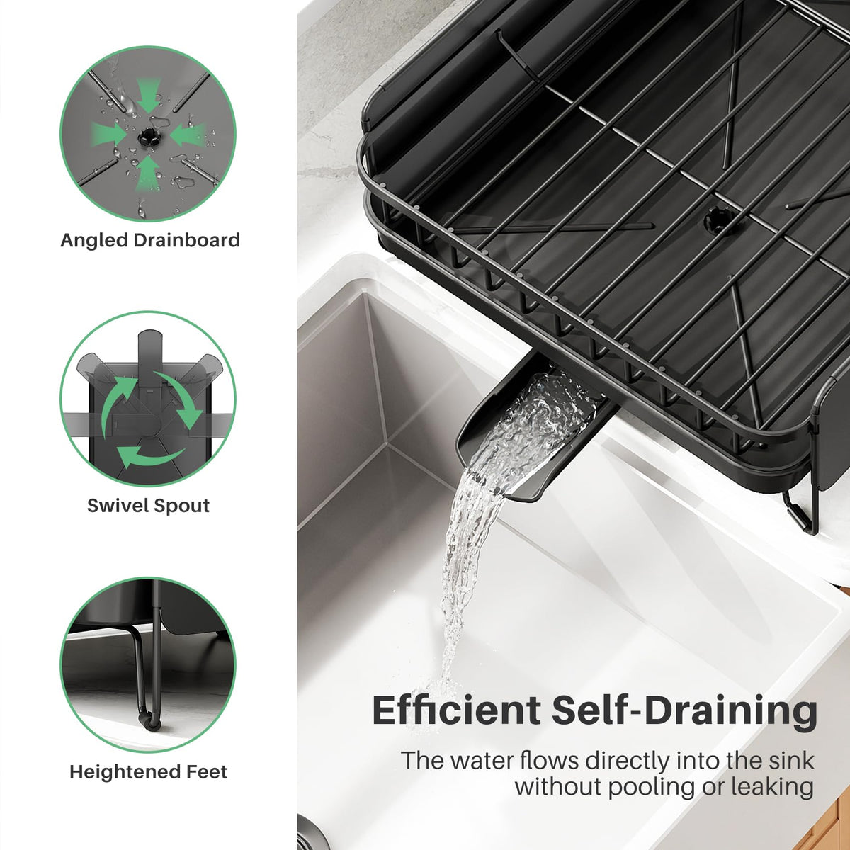 SNTD angled drip tray directs water into sink to keep counter dry.