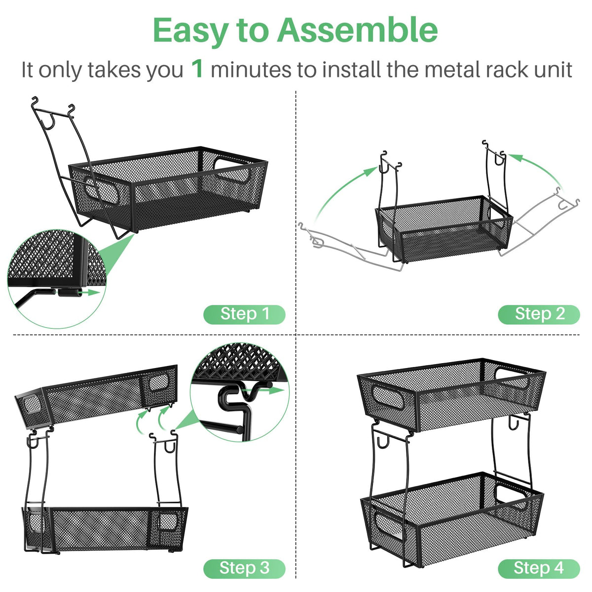 SNTD easy assembly instruction image shows tool-free setup in minutes.