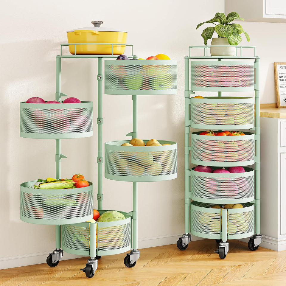 SNTD rotating 5-tier fruit and vegetable rack enhances kitchen organization and easy access.