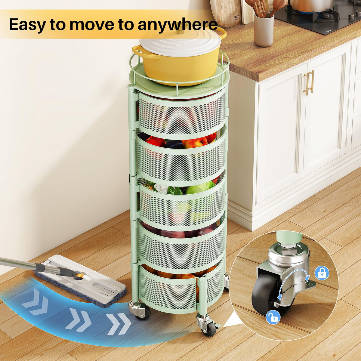 SNTD green kitchen stand complements decor while organizing counters.