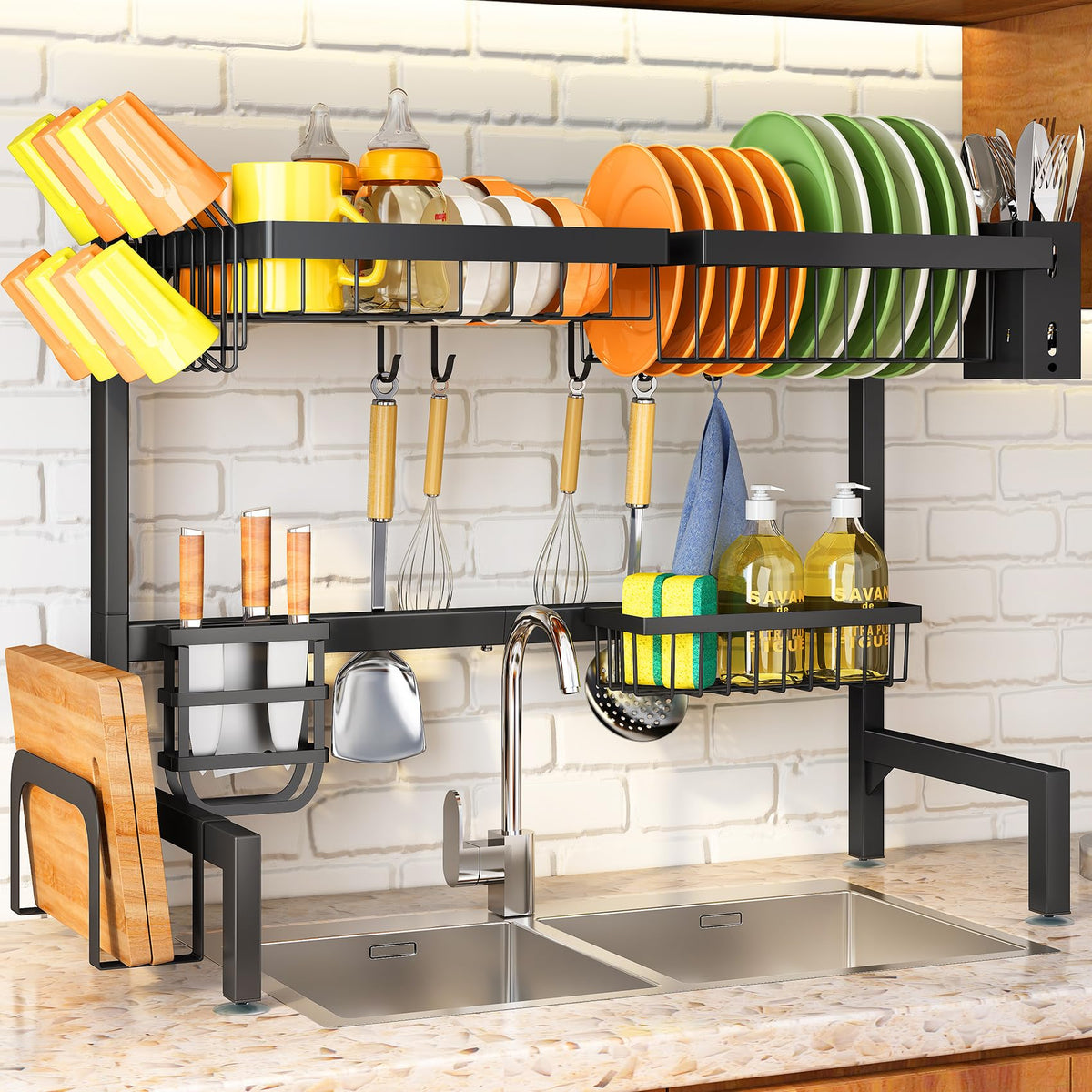 SNTD over-the-sink dish rack with adjustable length for flexible fit.