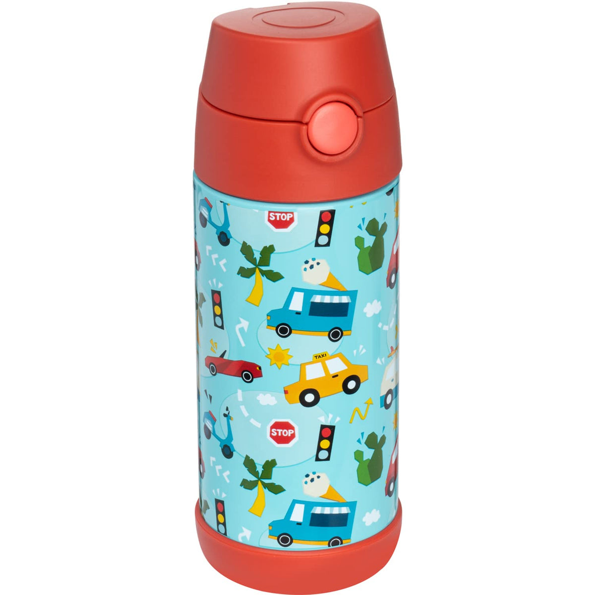 Snug insulated kids bottle close-up lid, leakproof design protects backpacks