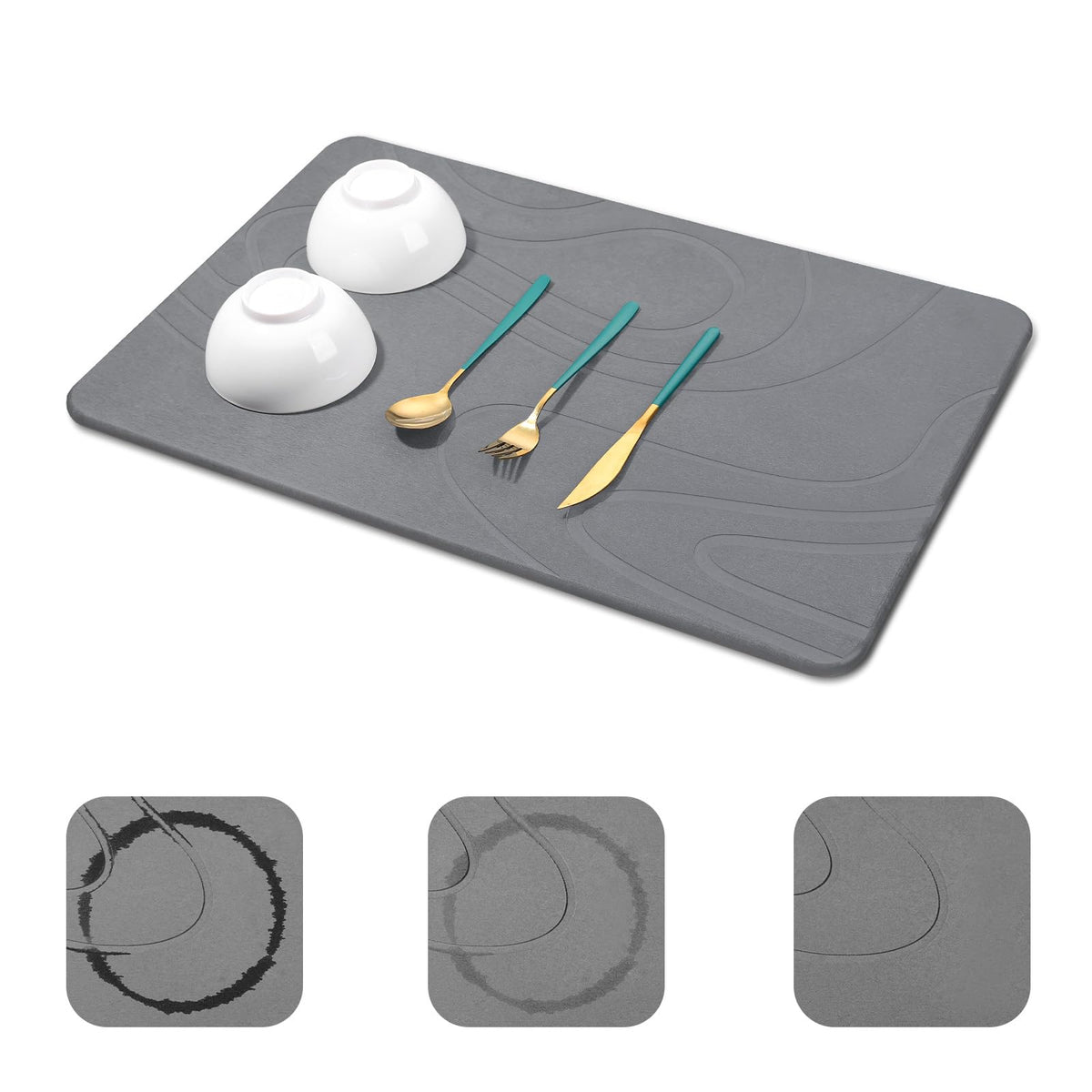 Snuggery large stone drying mat on counter with even moisture absorption.