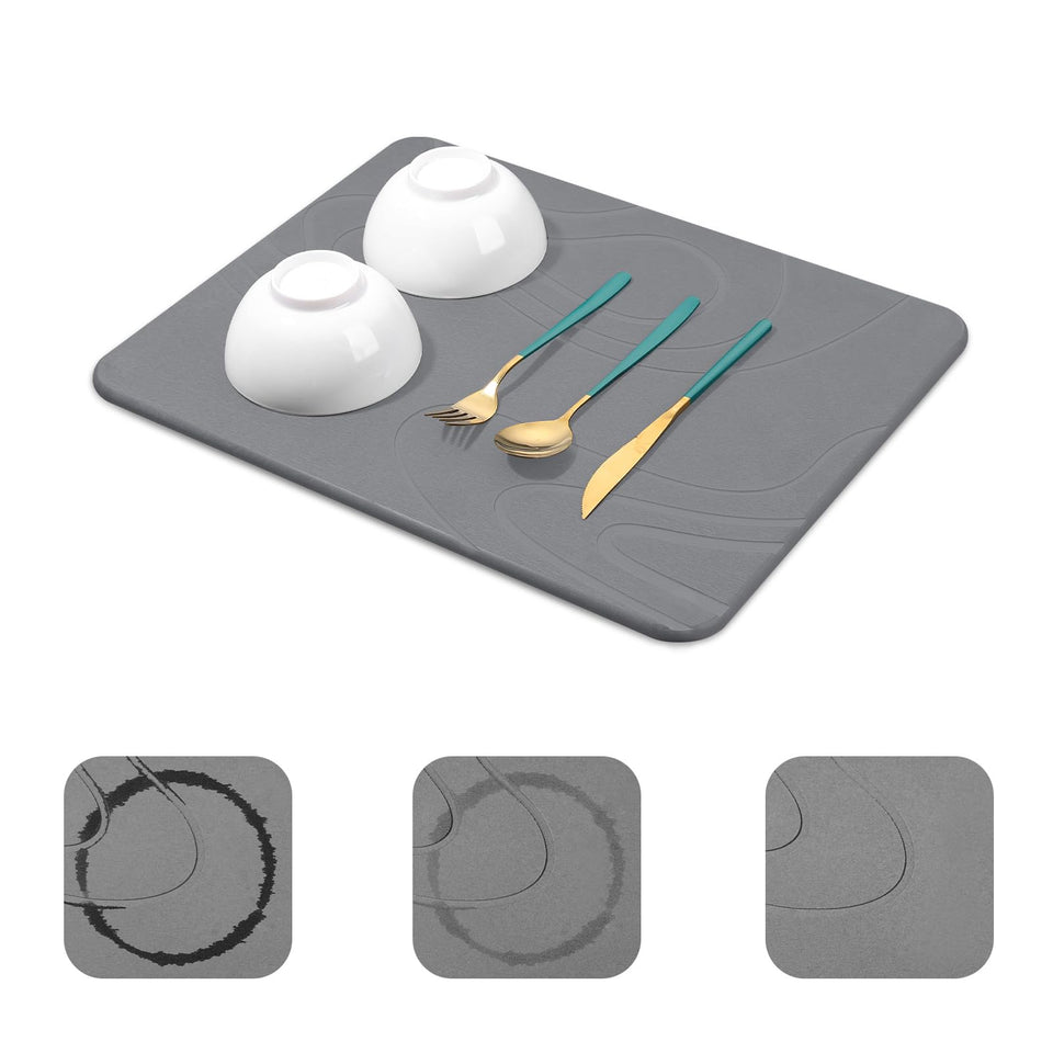 Snuggery stone drying mat showing an even moisture absorption surface on a kitchen counter